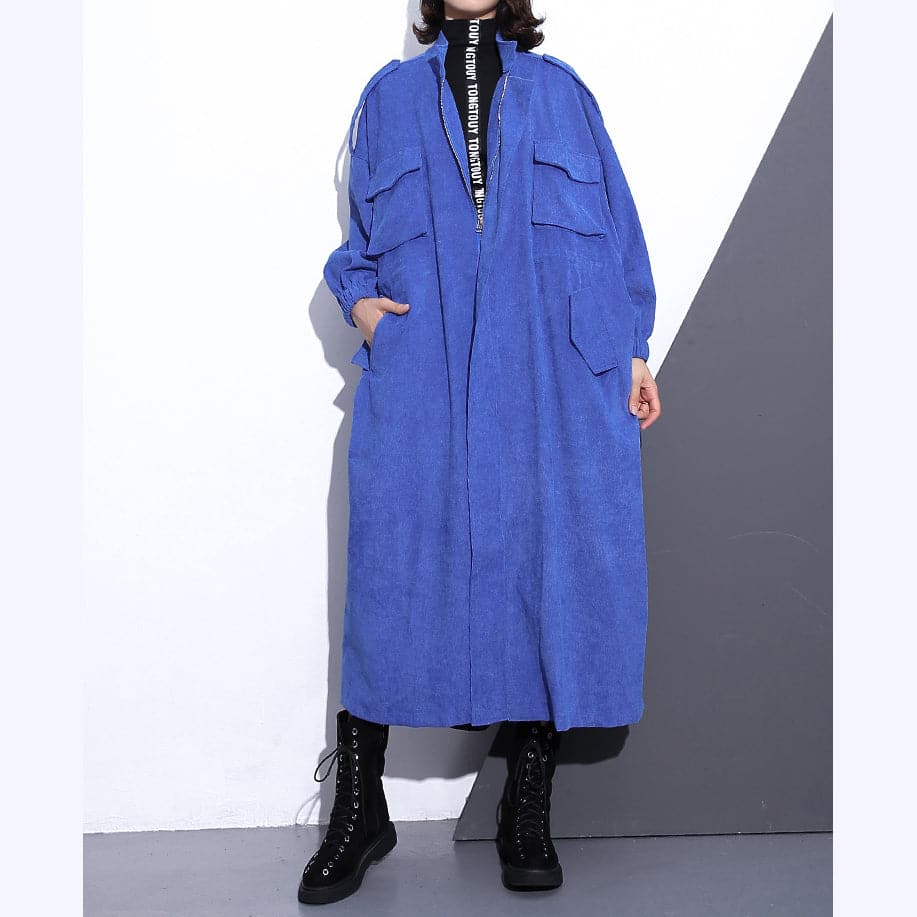 Fine blue long coat plus size Stand zippered trench coat boutique long sleeve pockets baggy long coats AT-TCT180910