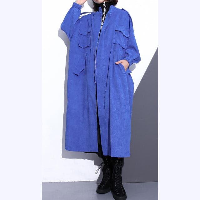 Fine blue long coat plus size Stand zippered trench coat boutique long sleeve pockets baggy long coats AT-TCT180910