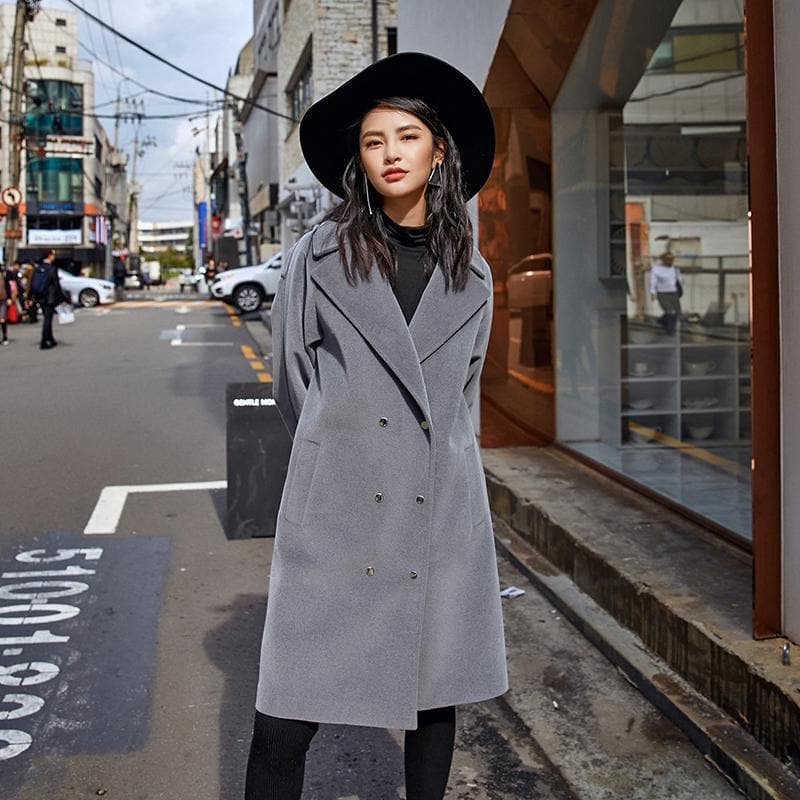 Fine gray Wool Coat plus size Notched outwear boutique double breasted pockets long coats TCT181016