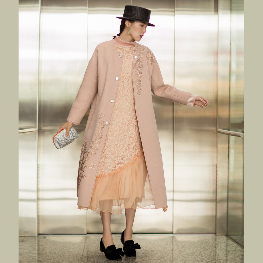 Fine nude pink Woolen Coats Women oversized long sleeve medium length jackets embroidery coats TCT181116