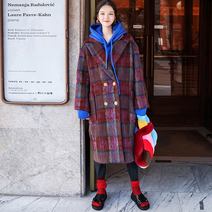 Fine red blue Plaid coats plus size Notched trench coat New double breasted Wool Coat TCT181016