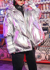 Fine silver gray print women parka oversize down jacket hooded zippered overcoat AT-DJK191113