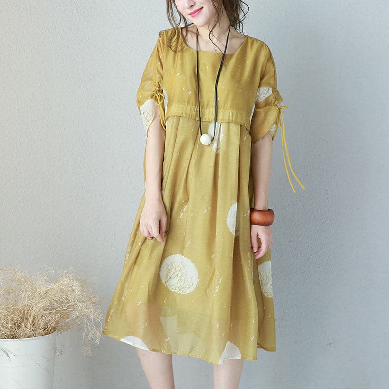 Fine yellow prints chiffon dresses oversized high waist dress Elegant drawstring sleeve dresses SDM180727