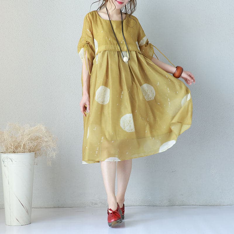 Fine yellow prints chiffon dresses oversized high waist dress Elegant drawstring sleeve dresses SDM180727