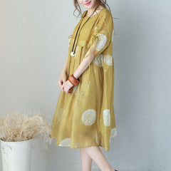 Fine yellow prints chiffon dresses oversized high waist dress Elegant drawstring sleeve dresses SDM180727