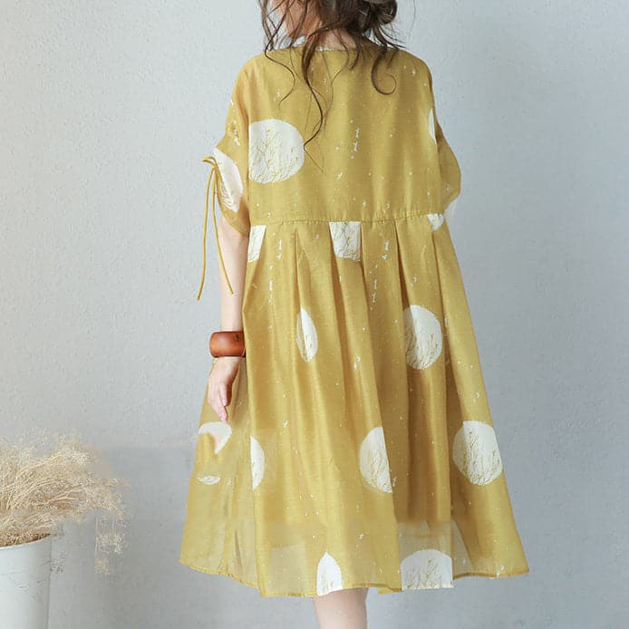 Fine yellow prints chiffon dresses oversized high waist dress Elegant drawstring sleeve dresses SDM180727