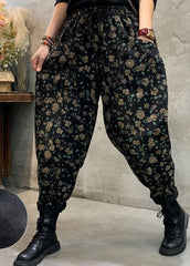 Fitted Black Fleece Lined Floral denim Pants Winter BSNZK-LPTS211124