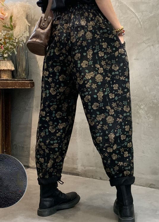 Fitted Black Fleece Lined Floral denim Pants Winter BSNZK-LPTS211124