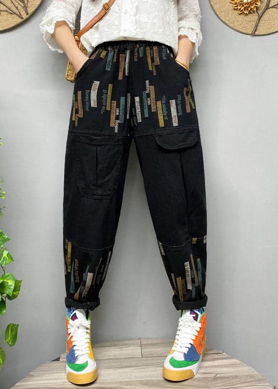 Fitted Black elastic waist Print denim Pants Spring BSNZK-LPTS211124