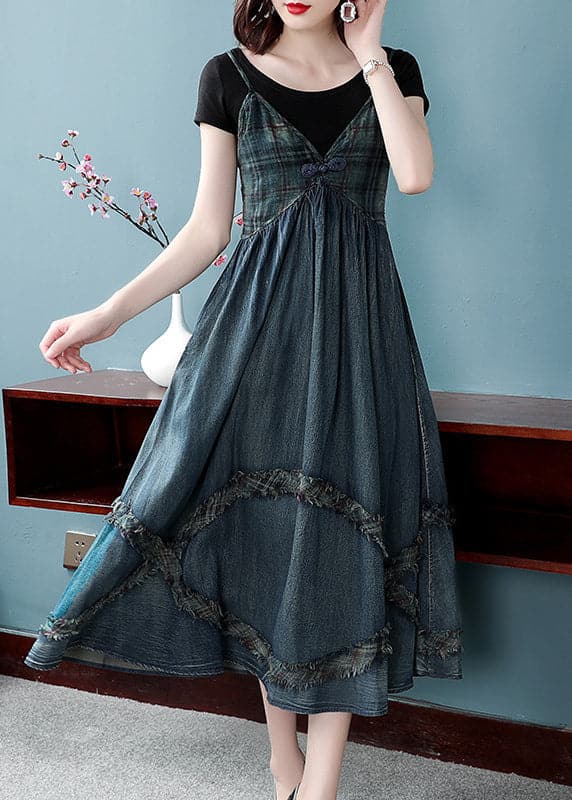 Fitted Blue V Neck Wrinkled Patchwork Exra Large Hem Cotton Denim Spaghetti Strap Dress Summer NZ-SDL220606