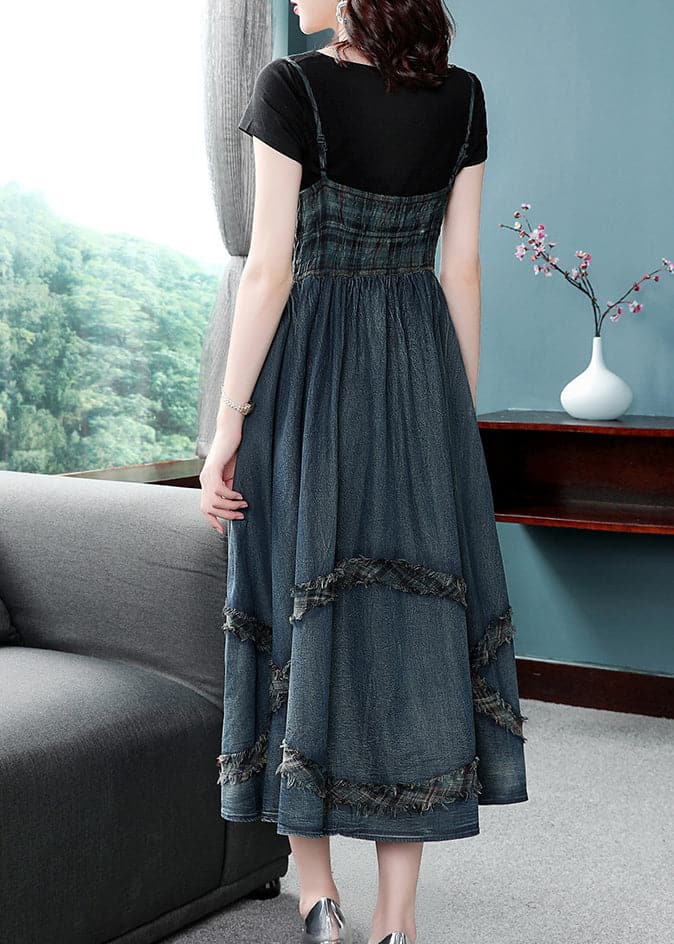 Fitted Blue V Neck Wrinkled Patchwork Exra Large Hem Cotton Denim Spaghetti Strap Dress Summer NZ-SDL220606