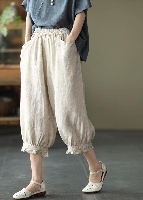 Fitted Green Elastic Waist Pockets Harem Pants Linen GK-LPTS210810