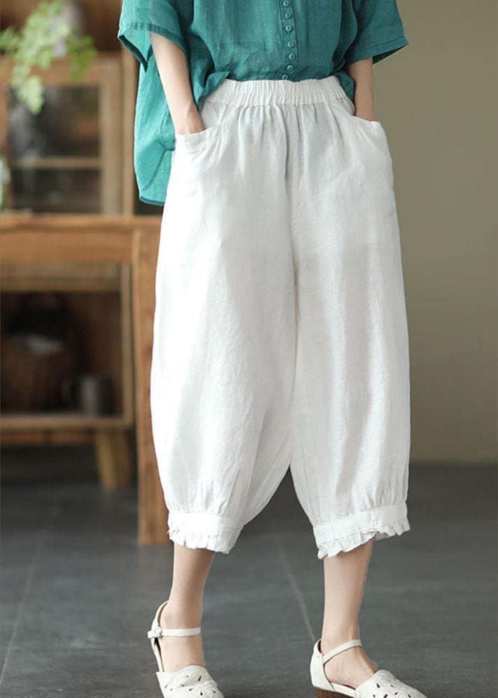 Fitted Green Elastic Waist Pockets Harem Pants Linen GK-LPTS210810