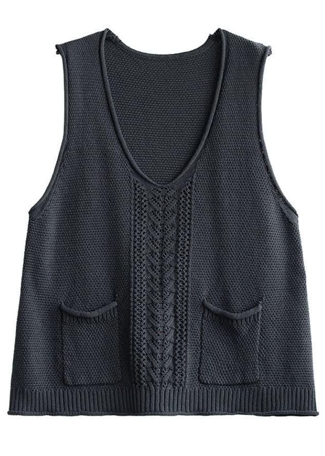 Fitted Mulberry V Neck Hollow Out Pockets Fall Knit Sleeveless Waistcoat GK-VTP210910