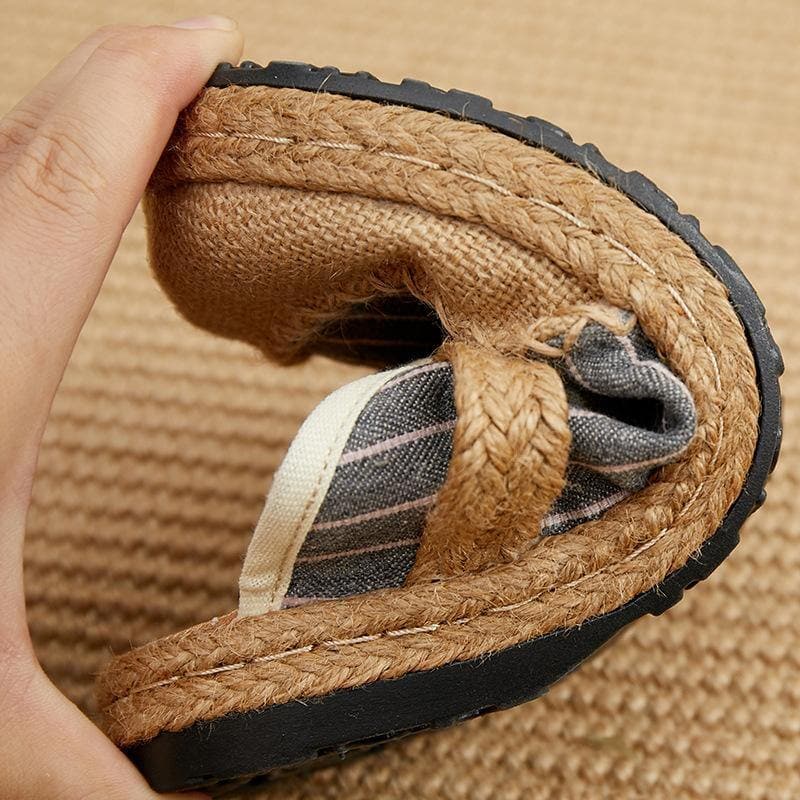 Fitted Slippers Shoes Beige Striped Cotton Linen Fabric LT210630-220630