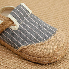 Fitted Slippers Shoes Beige Striped Cotton Linen Fabric LT210630-220630