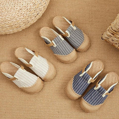 Fitted Slippers Shoes Beige Striped Cotton Linen Fabric LT210630-220630