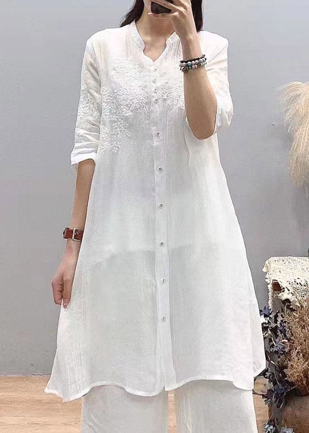 Fitted White Stand Collar Embroideried Linen Long Shirts Three Quarter sleeve gk-LTP220503