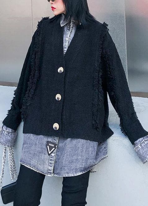 For Spring black knit cardigans oversize knitwear lapel patchwork tops AT-NTP191113