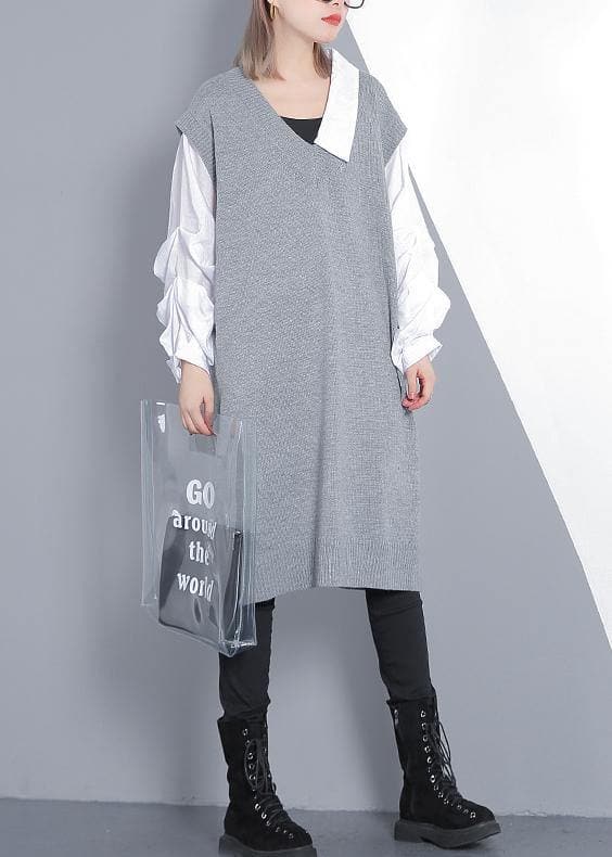 For Spring patchwork Puff Sleeve Sweater weather plus size gray Mujer knit dress AT-NSD191113