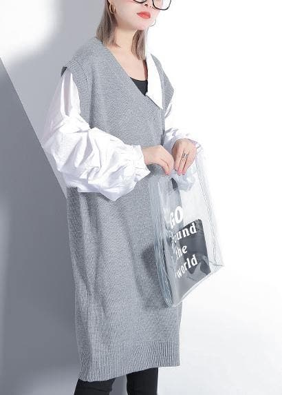 For Spring patchwork Puff Sleeve Sweater weather plus size gray Mujer knit dress AT-NSD191113