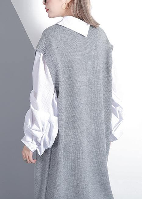 For Spring patchwork Puff Sleeve Sweater weather plus size gray Mujer knit dress AT-NSD191113