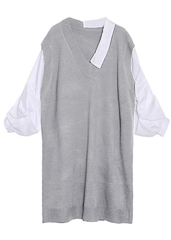 For Spring patchwork Puff Sleeve Sweater weather plus size gray Mujer knit dress AT-NSD191113