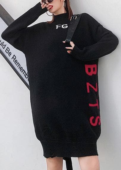 For Work alphabet Sweater high neck dress outfit plus size black Funny knit dress AT-NSD191203