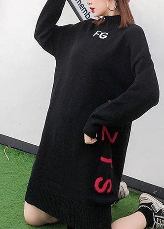 For Work alphabet Sweater high neck dress outfit plus size black Funny knit dress AT-NSD191203