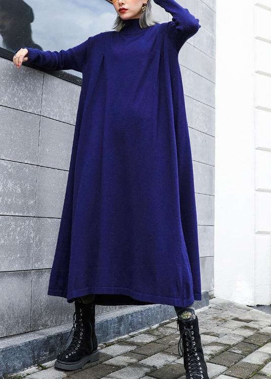 For Work blue Sweater dress Design high neck large hem Art fall knit dress AT-NSD201022