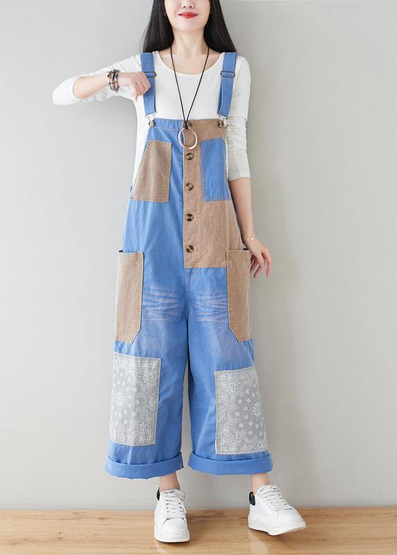 French Baby Blue Patchwork Jeans Jumpsuit Women dylinoshop