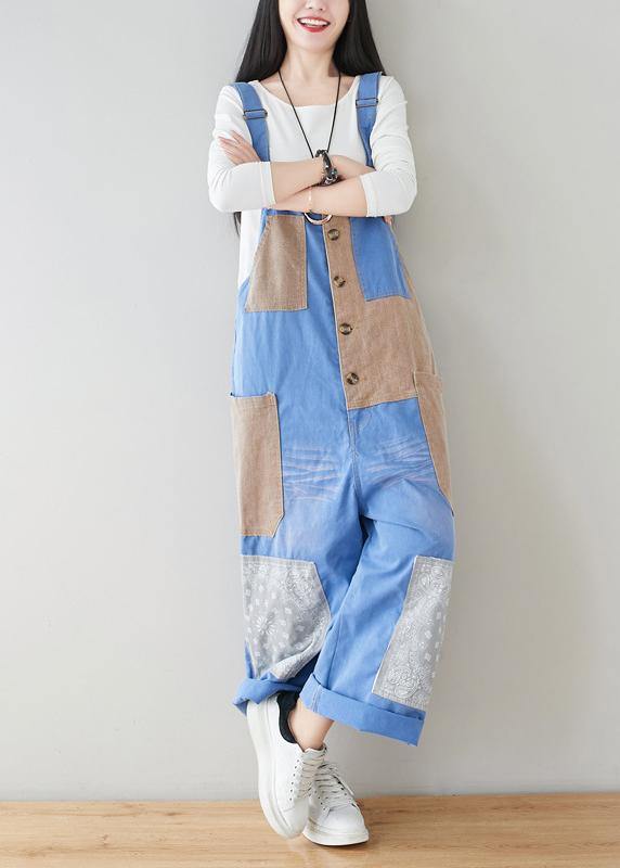 French Baby Blue Patchwork Jeans Jumpsuit Women dylinoshop