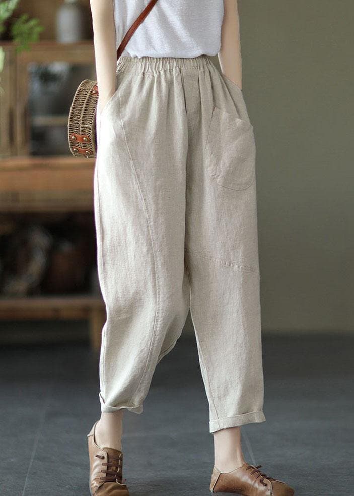 French Beige Elastic Waist Harem Summer Pants Linen GK-LPTS210810