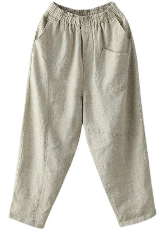 French Beige Elastic Waist Harem Summer Pants Linen GK-LPTS210810