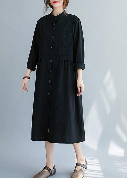 French Black Clothes Stand Collar Button Down A Line Spring Dress TCT210124