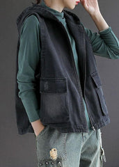 French Black Denim hooded Patchwork Fall Waistcoat Sleeveless GK-VTP210810