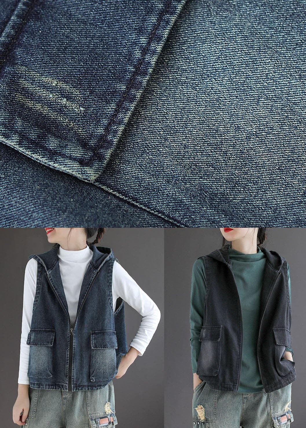 French Black Denim hooded Patchwork Fall Waistcoat Sleeveless GK-VTP210810