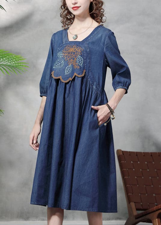 French Blue Cinched Square Collar Embroideried Cotton Denim Dresses Half Sleeve NZ-FDL220304