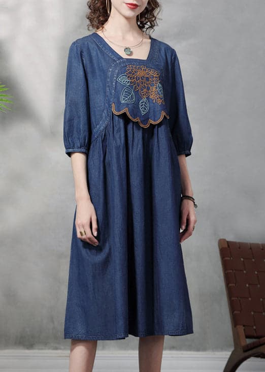 French Blue Cinched Square Collar Embroideried Cotton Denim Dresses Half Sleeve NZ-FDL220304