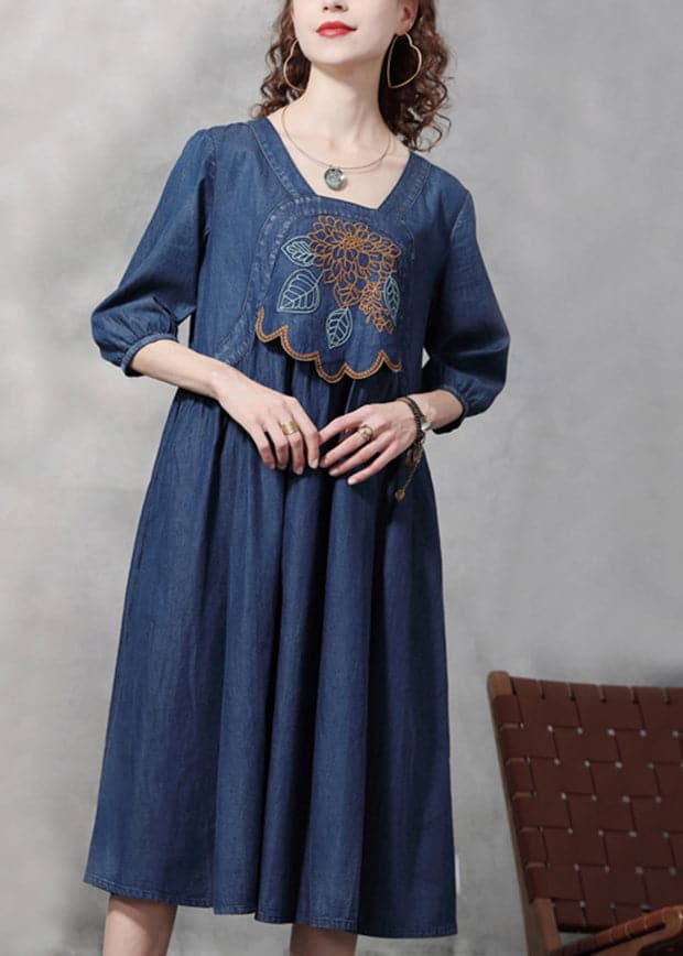 French Blue Cinched Square Collar Embroideried Cotton Denim Dresses Half Sleeve NZ-FDL220304