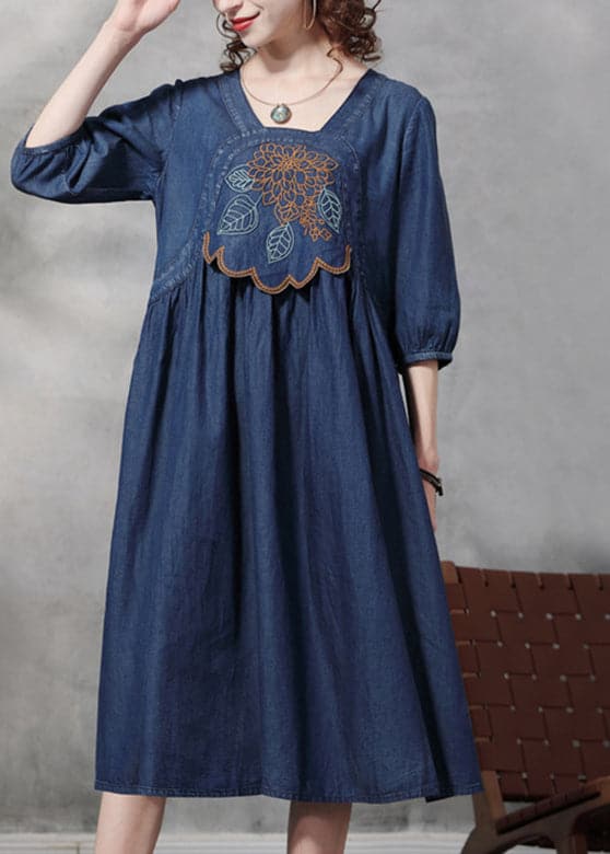 French Blue Cinched Square Collar Embroideried Cotton Denim Dresses Half Sleeve NZ-FDL220304