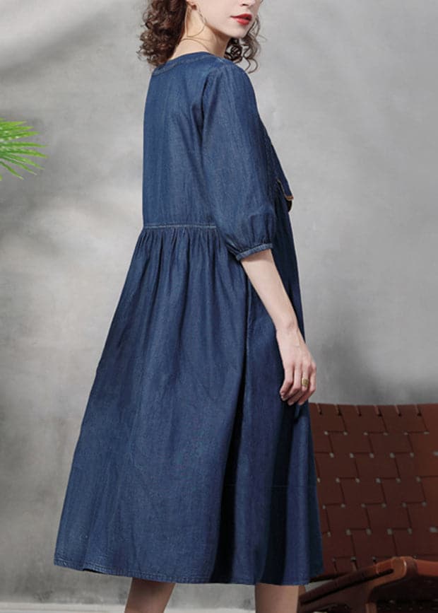 French Blue Cinched Square Collar Embroideried Cotton Denim Dresses Half Sleeve NZ-FDL220304