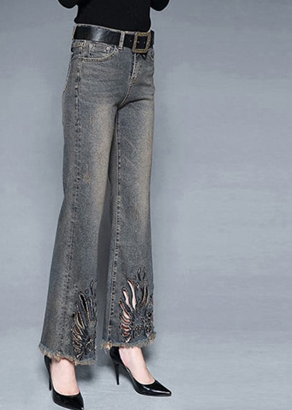 French Blue High Waist Pockets Hollow Out Cotton Denim Flare Pants Summer NZ-LPTS22060701