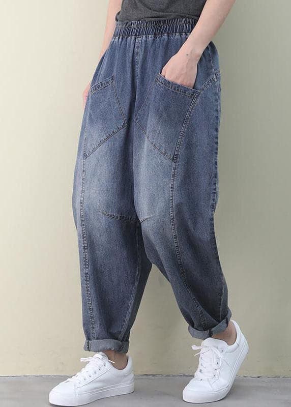 French Dark Blue Elastic Waist Pockets Patchwork Cotton Denim Pants Spring NZ-LPTS220627