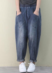 French Dark Blue Elastic Waist Pockets Patchwork Cotton Denim Pants Spring NZ-LPTS220627