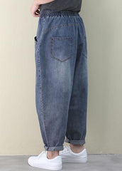 French Dark Blue Elastic Waist Pockets Patchwork Cotton Denim Pants Spring NZ-LPTS220627