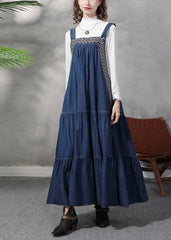 French Denim Blue Embroideried Exra Large Hem Cotton Strap Dress Summer NZ-SDL220606