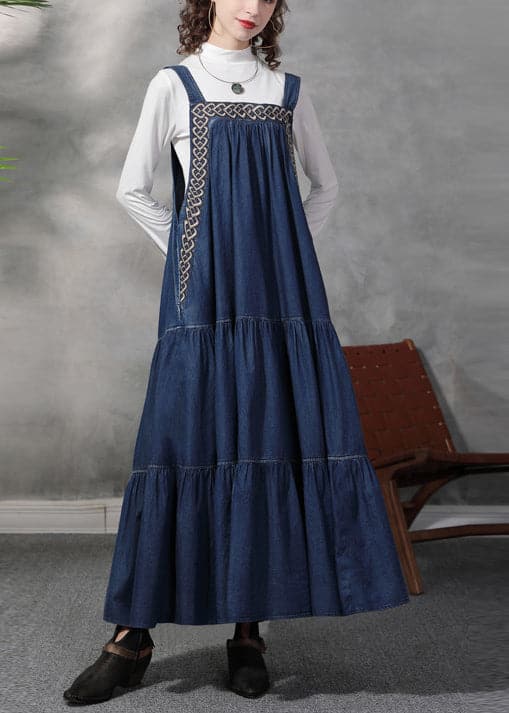 French Denim Blue Embroideried Exra Large Hem Cotton Strap Dress Summer NZ-SDL220606