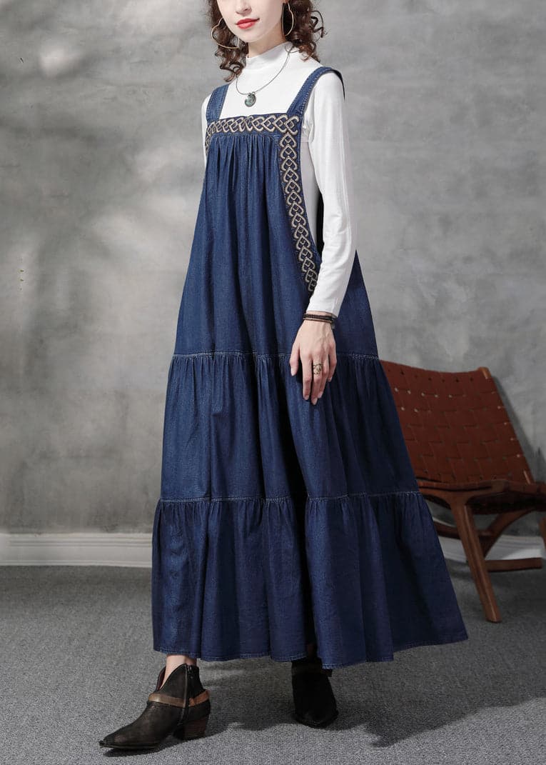 French Denim Blue Embroideried Exra Large Hem Cotton Strap Dress Summer NZ-SDL220606