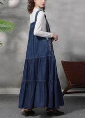 French Denim Blue Embroideried Exra Large Hem Cotton Strap Dress Summer NZ-SDL220606